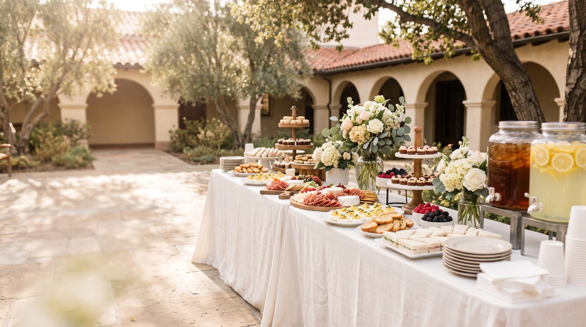 Celebration of life reception buffet with grazing display and white flowers in a San Diego church courtyard