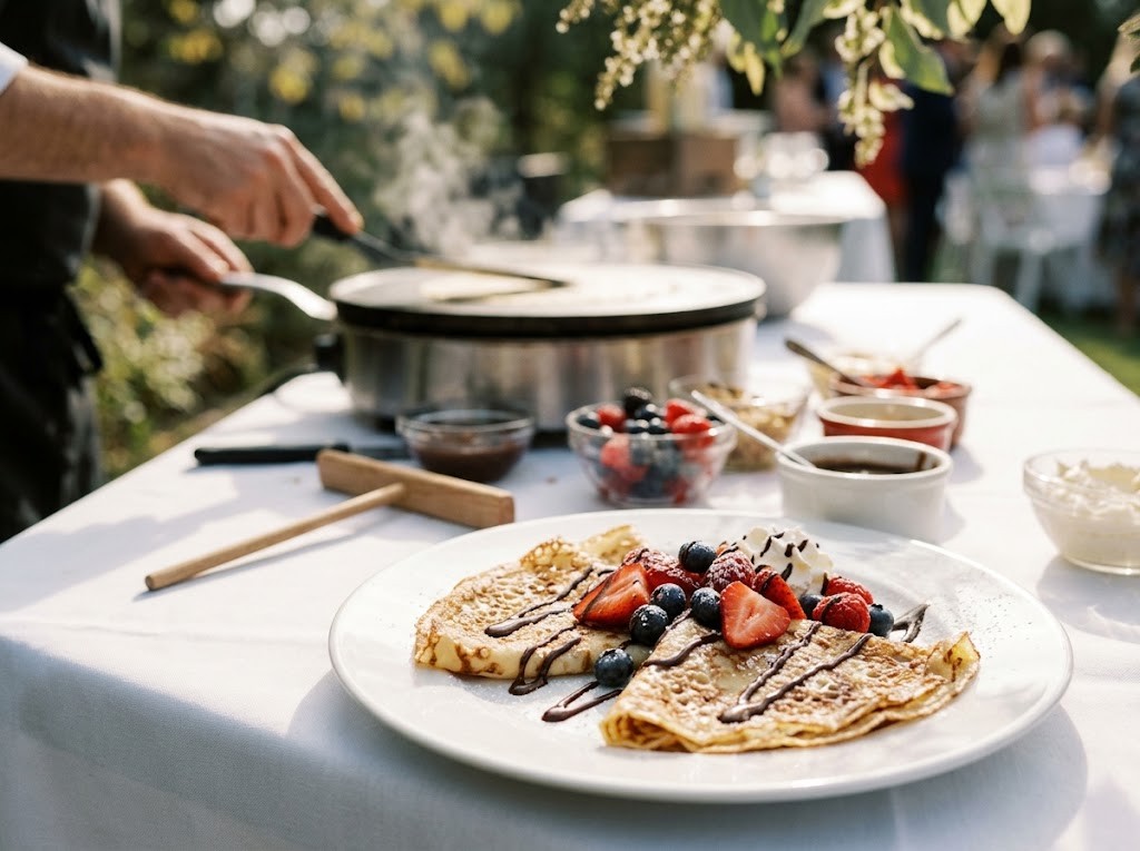 Fresh dessert crepes with berries, chocolate and whipped cream at a catering crepe station