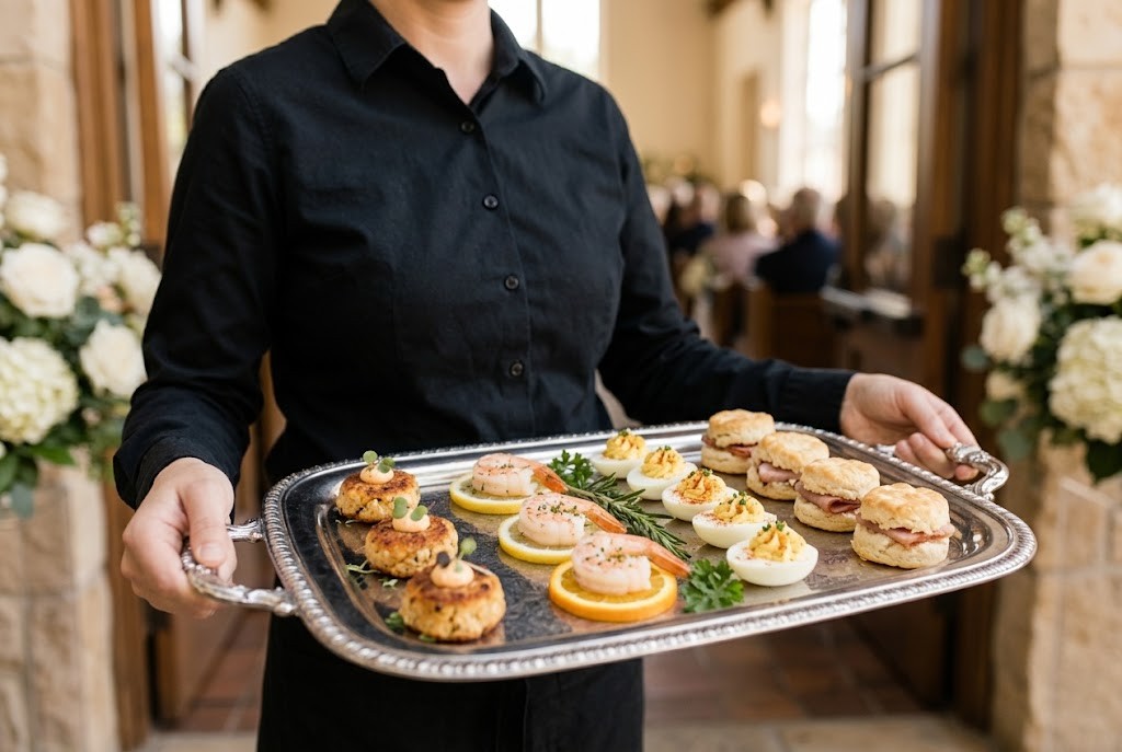 Server carrying a tray of passed appetizers at a memorial reception