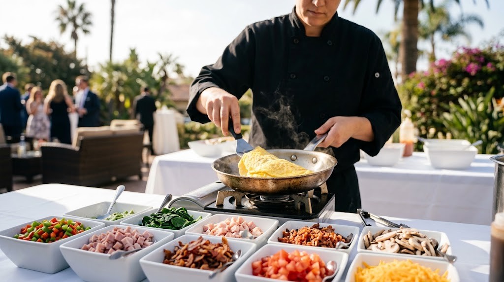 Catering chef cooking a made-to-order omelet at an outdoor brunch omelet station